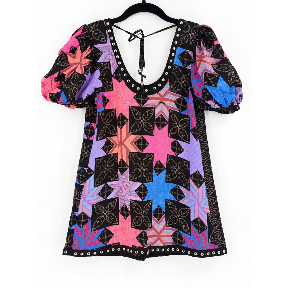 Plenty by Tracy Reese Studded Puff Top Womens S Black Geometric Indie Sleaze NWT
